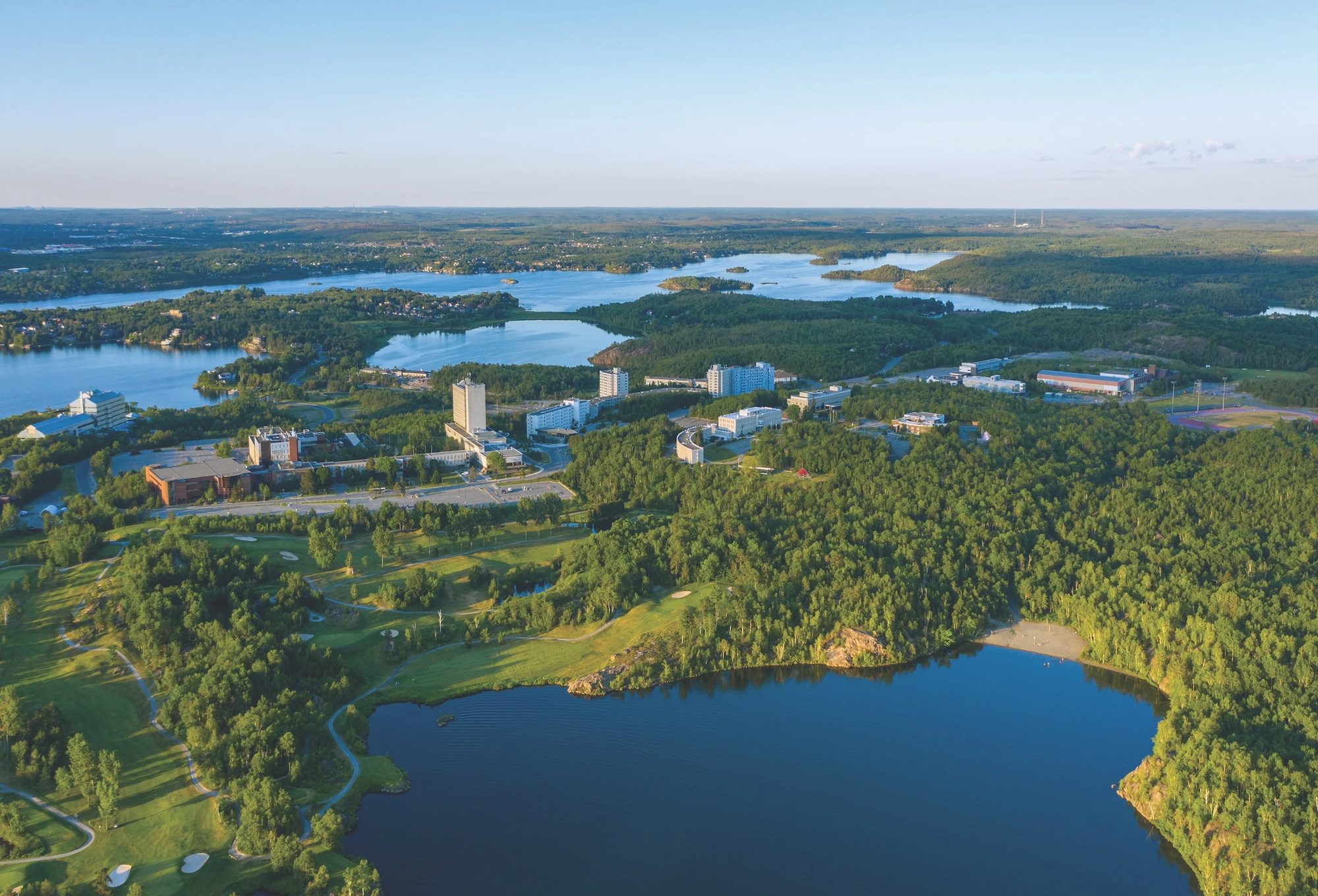 Aerial view of Laurentian University and the lakes of Sudbury